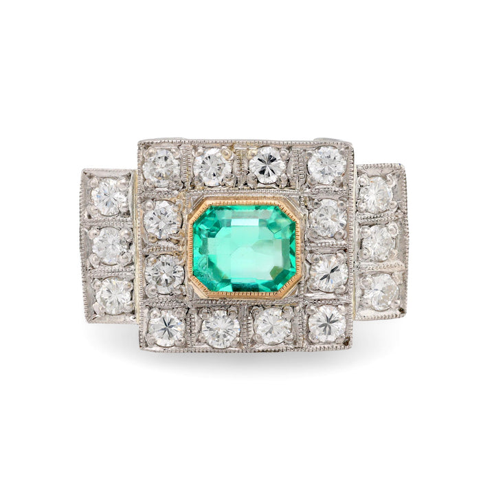 Art Deco style 1.17 carat emerald diamond platinum Tank ring