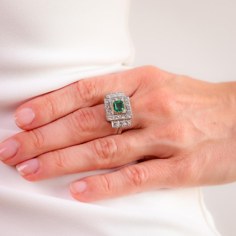 Art Deco style 1.17 carat emerald diamond platinum Tank ring