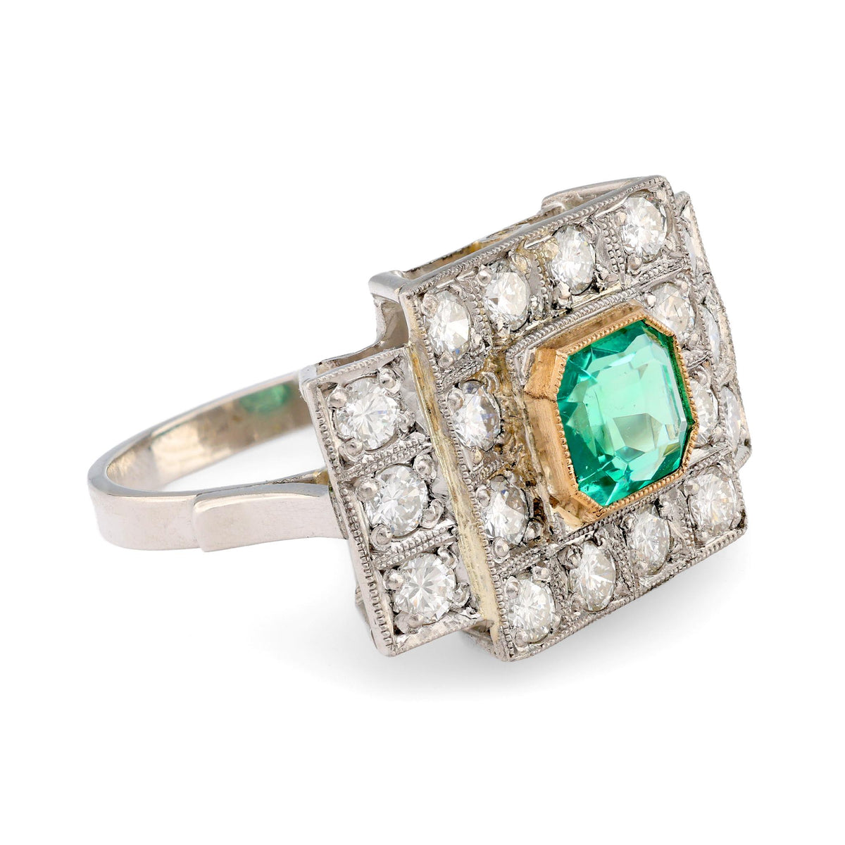 Art Deco style 1.17 carat emerald diamond platinum Tank ring