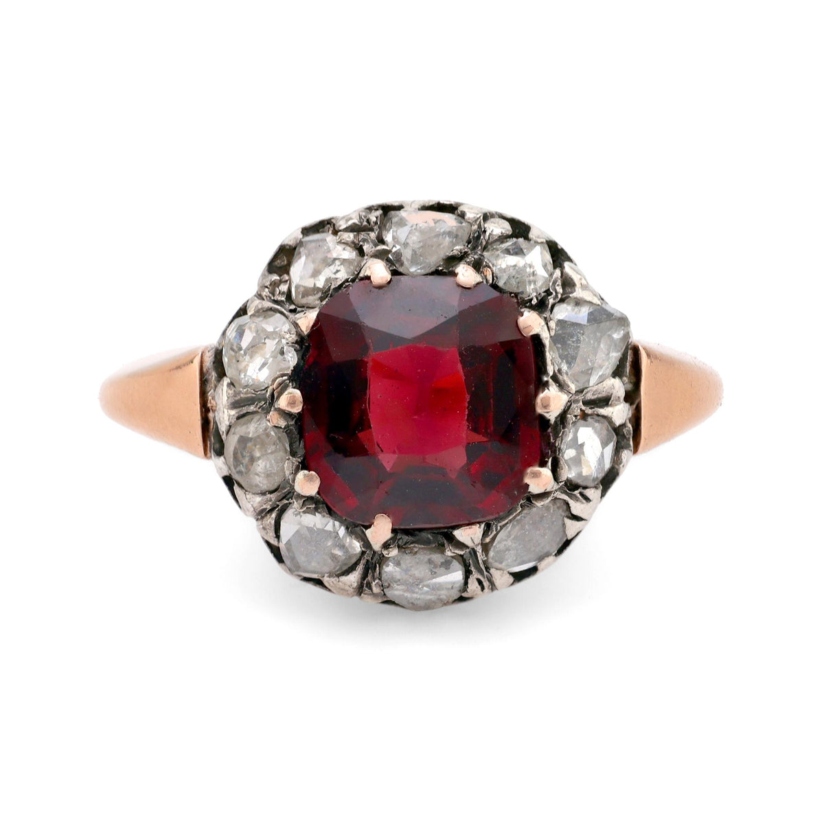 Victorian 2.20 carat garnet diamond 18k rose gold silver cluster ring