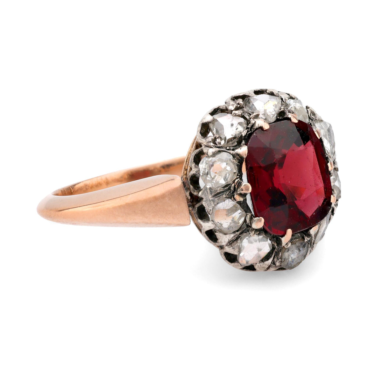 Victorian 2.20 carat garnet diamond 18k rose gold silver cluster ring