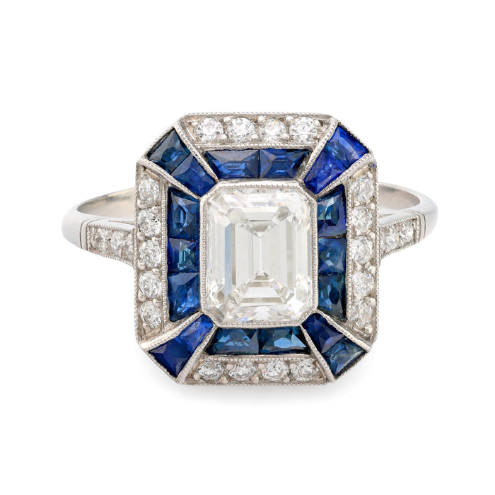 Art Deco style 1.06 carat diamond sapphire platinum ring