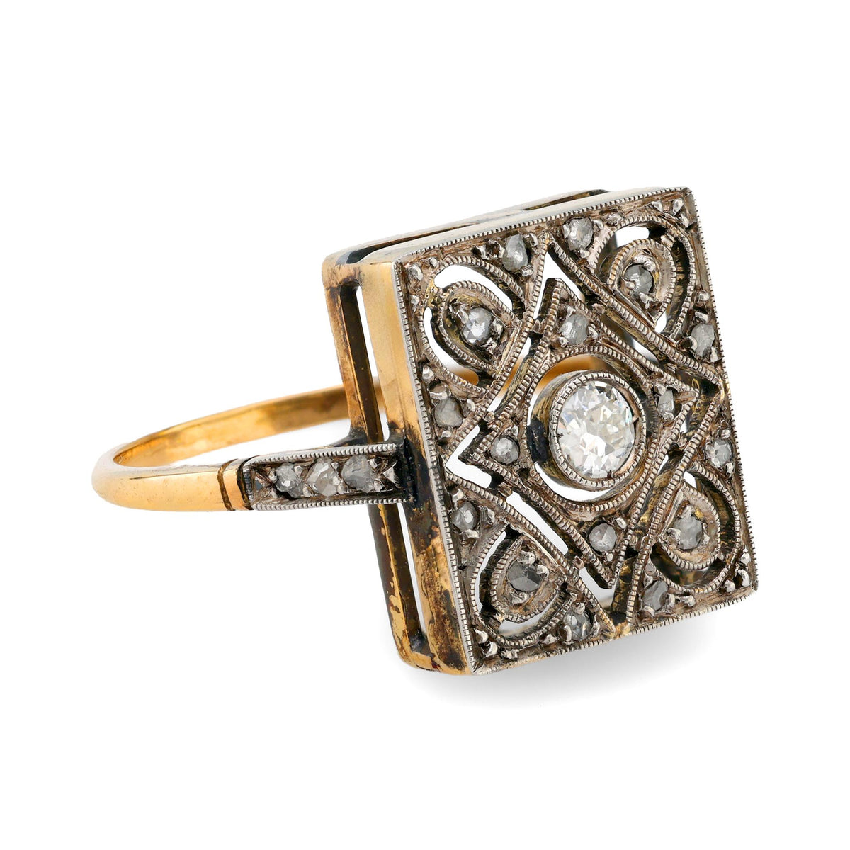 Victorian diamond 18k yellow gold square ring