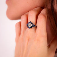 Art Deco style 1.31 carat old European cut diamond sapphire platinum ring