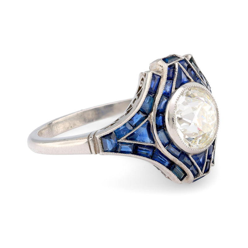 Art Deco style 1.31 carat old European cut diamond sapphire platinum ring