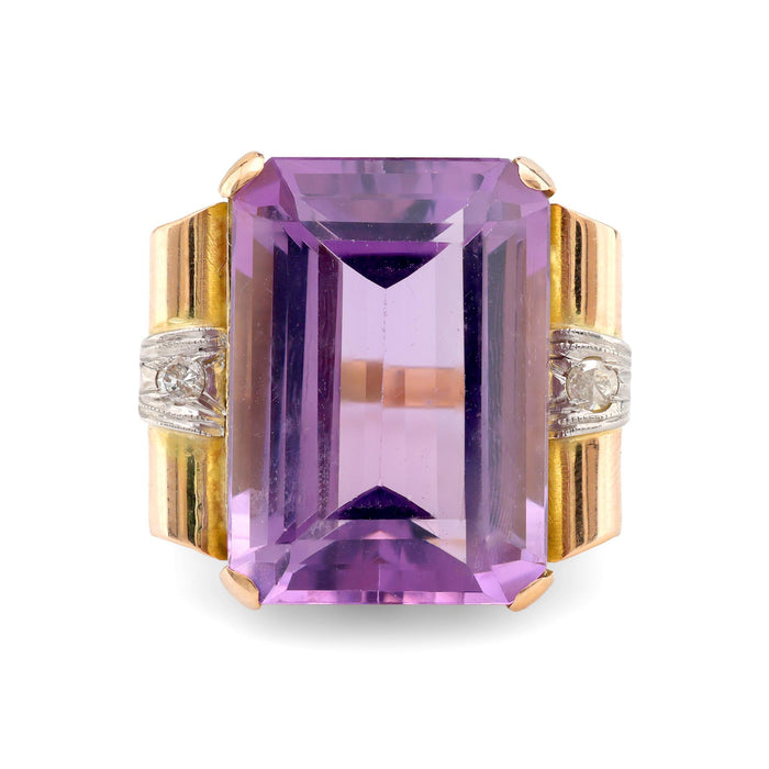 Retro 15 carat amethyst diamond 18k yellow gold cocktail ring