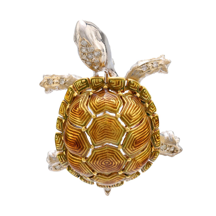 Mid Century diamond 18k gold enamel turtle brooch