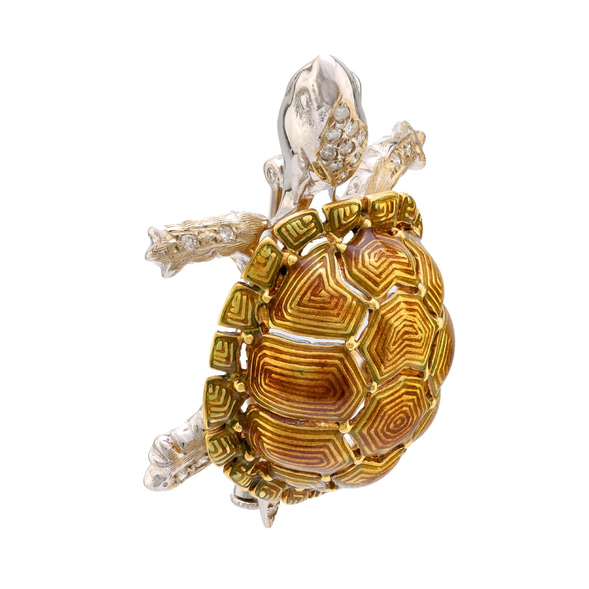 Mid Century diamond 18k gold enamel turtle brooch