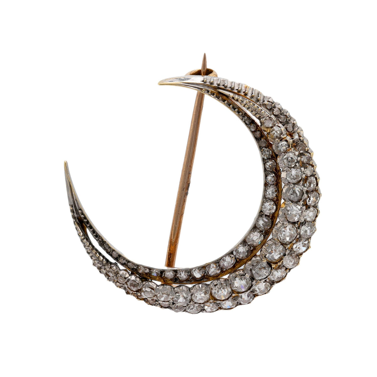 Antique diamond 18k yellow gold and silver crescent brooch