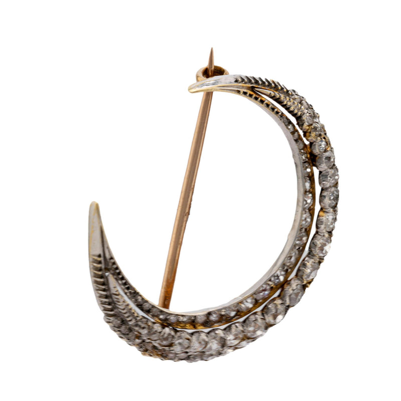 Antique diamond 18k yellow gold and silver crescent brooch