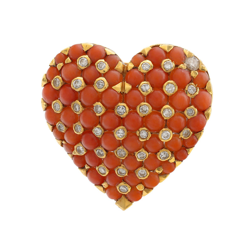 Tiffany & Co. French diamond coral 18k yellow gold heart brooch