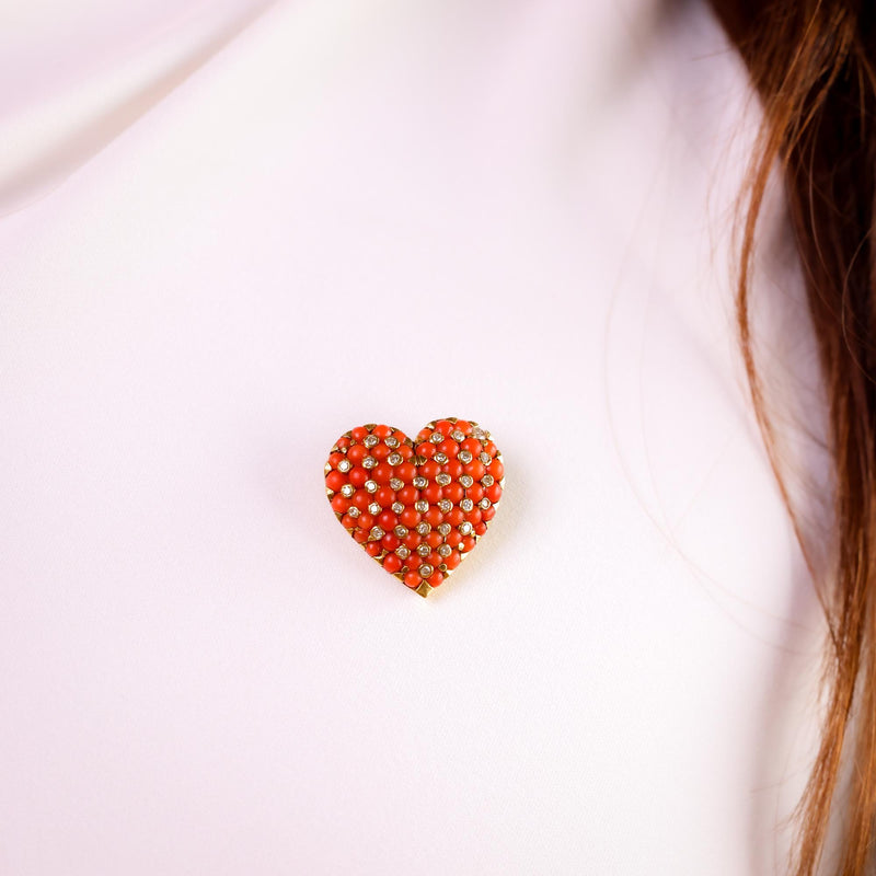 Tiffany & Co. French diamond coral 18k yellow gold heart brooch