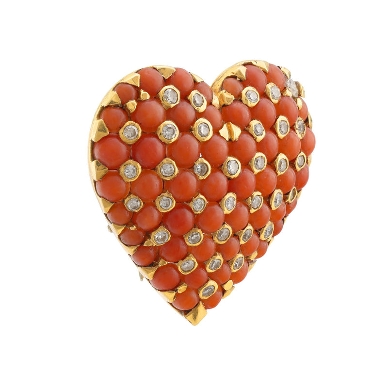 Tiffany & Co. French diamond coral 18k yellow gold heart brooch