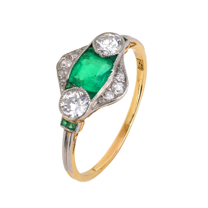 Art Deco GIA emerald diamond 18k yellow gold and platinum ring