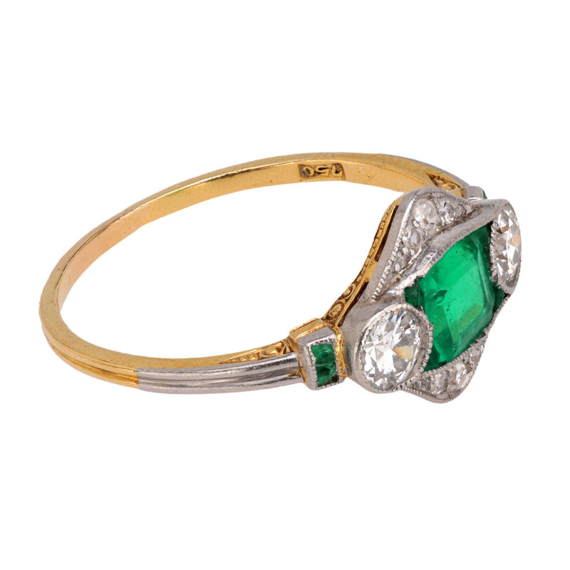 Art Deco GIA emerald diamond 18k yellow gold and platinum ring