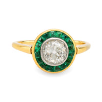 Art Deco diamond emerald 18k yellow gold target ring