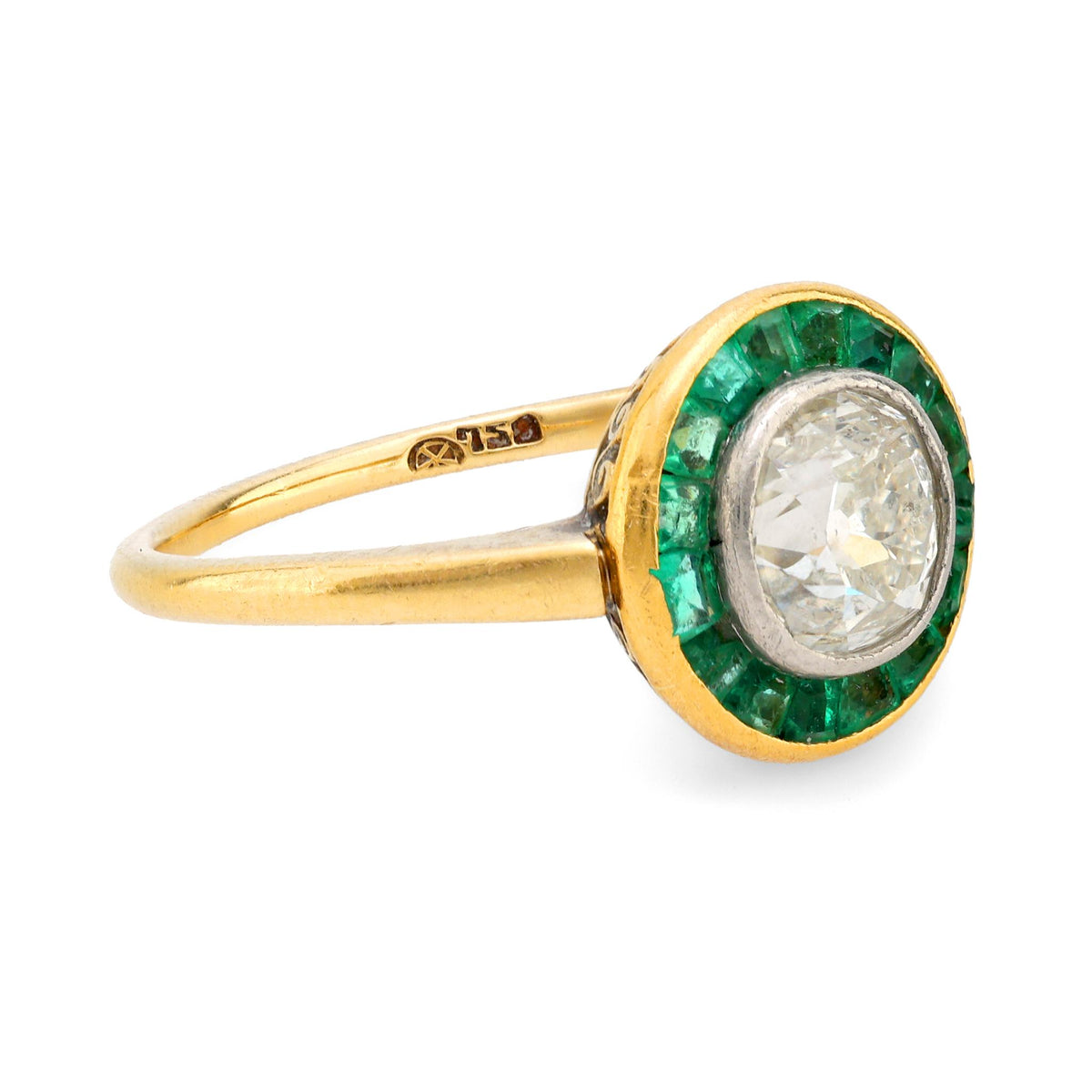 Art Deco diamond emerald 18k yellow gold target ring