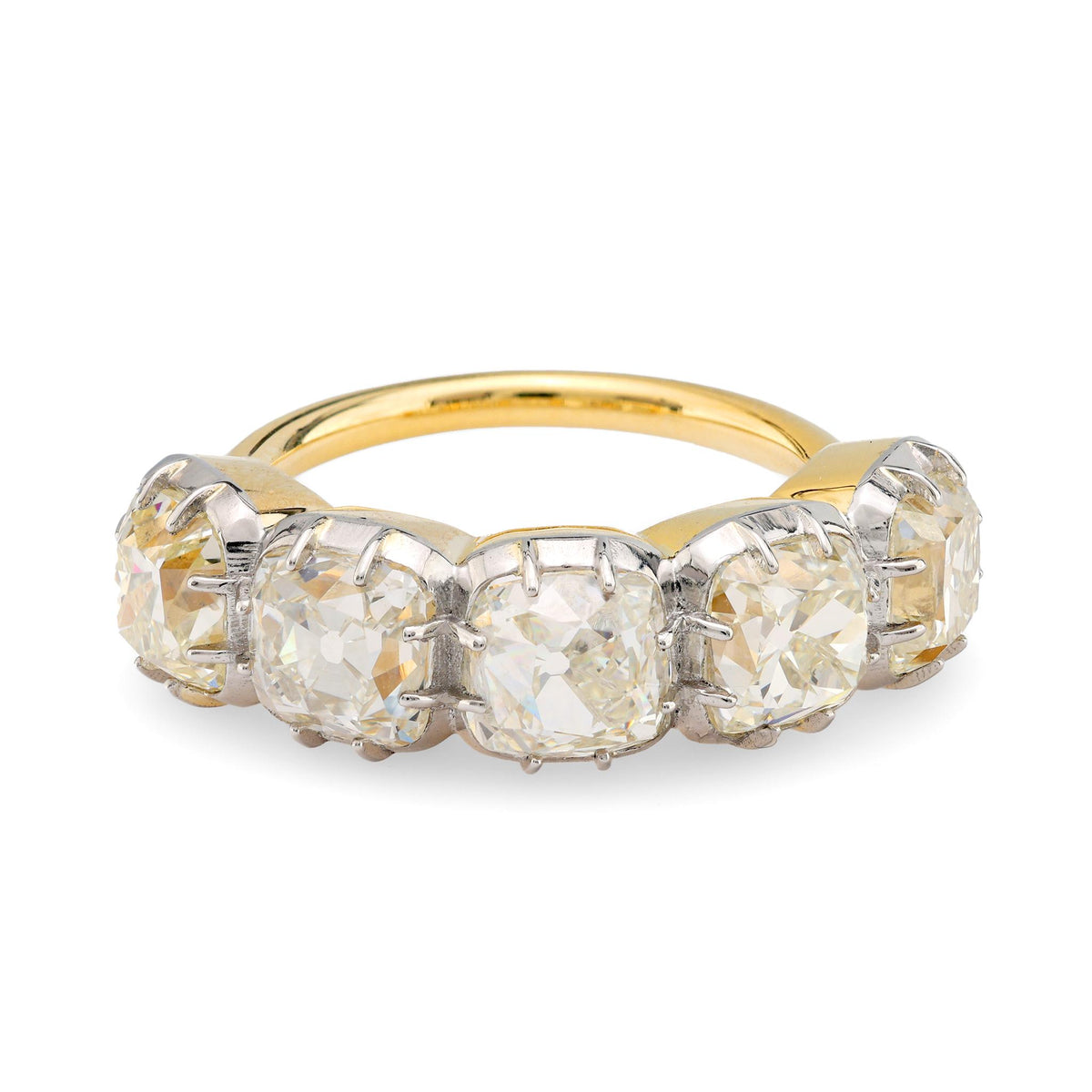 GIA 5.80 carat old mine diamond 18k yellow gold five stone ring