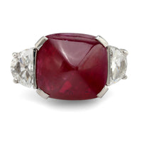 GRS 9.48 carat Burma no heat cabochon ruby diamond platinum ring