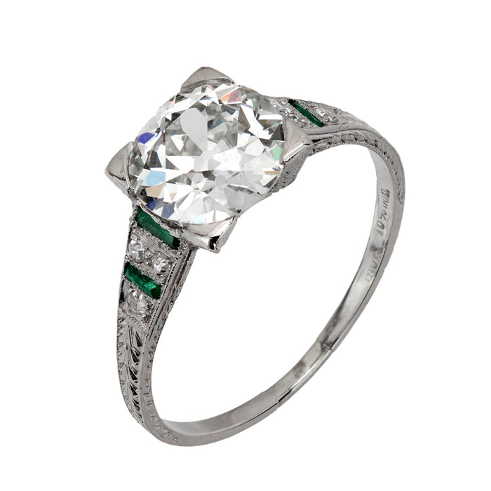 Art Deco GIA 2.23 carat diamond emerald platinum engagement ring