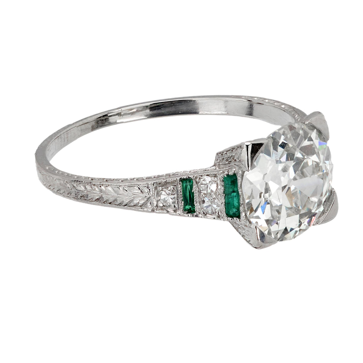 Art Deco GIA 2.23 carat diamond emerald platinum engagement ring