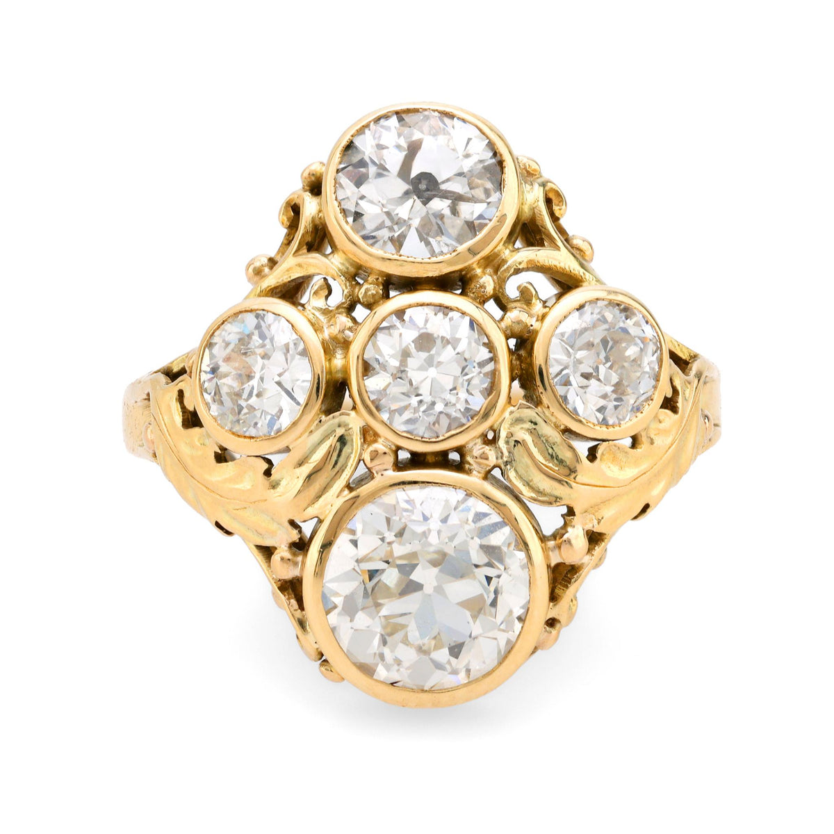 Antique GIA 3.40 carat total weight diamond 14k yellow gold five stone ring