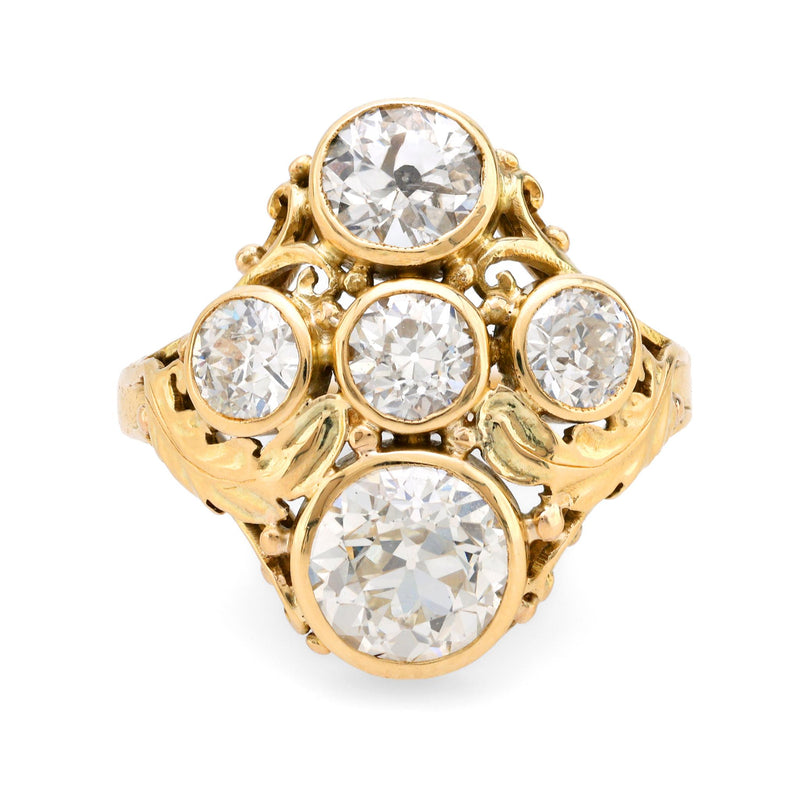 Antique GIA 3.40 carat total weight diamond 14k yellow gold five stone ring