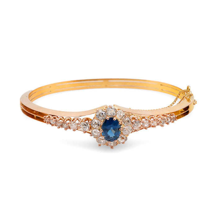 Antique French 1.60 carat sapphire diamond 18k rose gold bangle