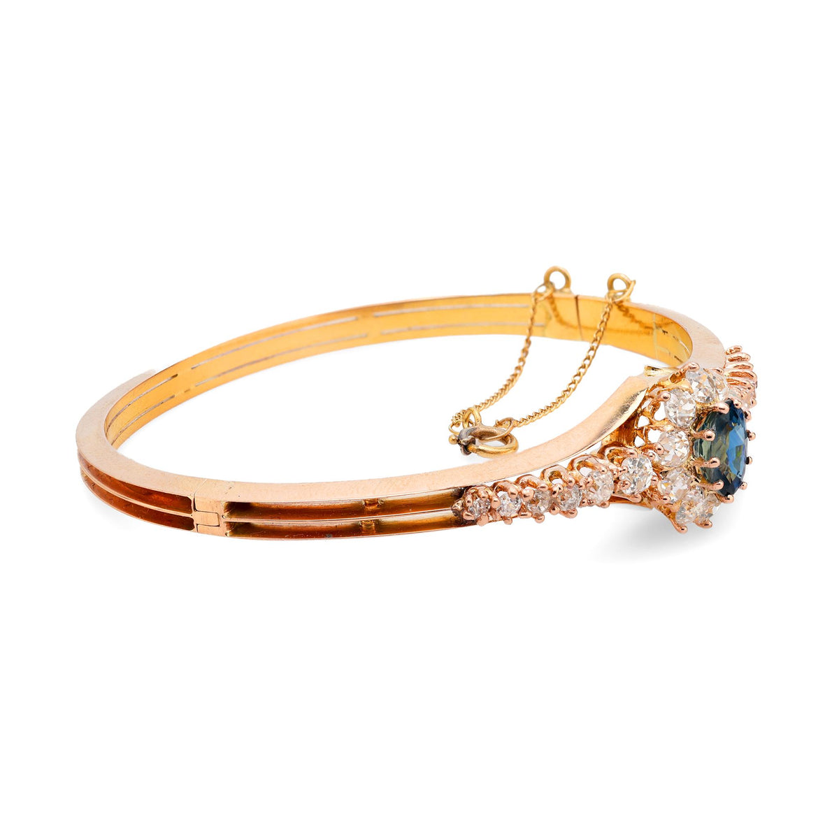 Antique French 1.60 carat sapphire diamond 18k rose gold bangle