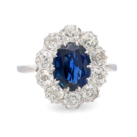 Edwardian GIA 1.67 carat Burma no heat sapphire diamond platinum cluster ring