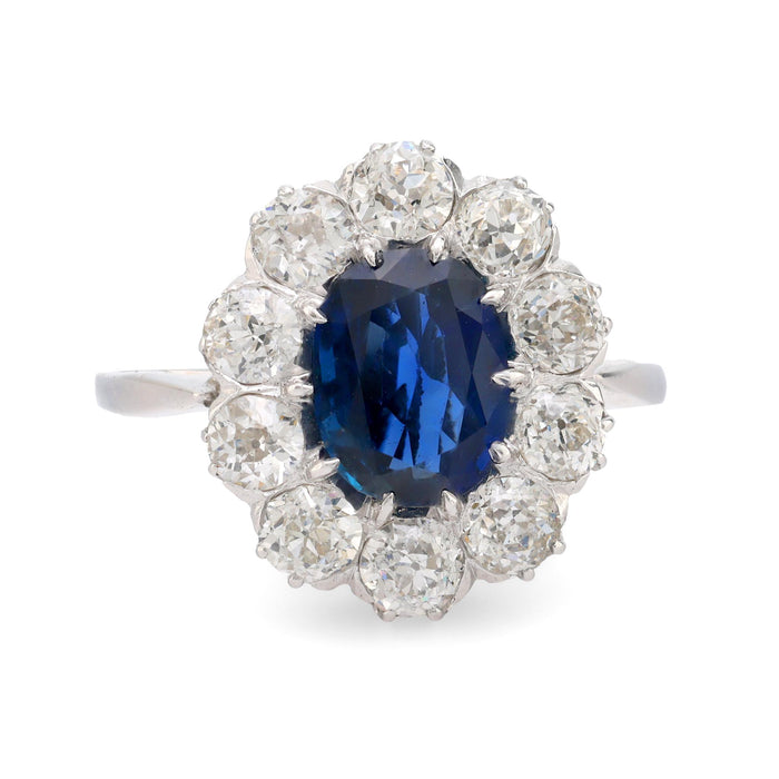 Edwardian GIA 1.67 carat Burma no heat sapphire diamond platinum cluster ring