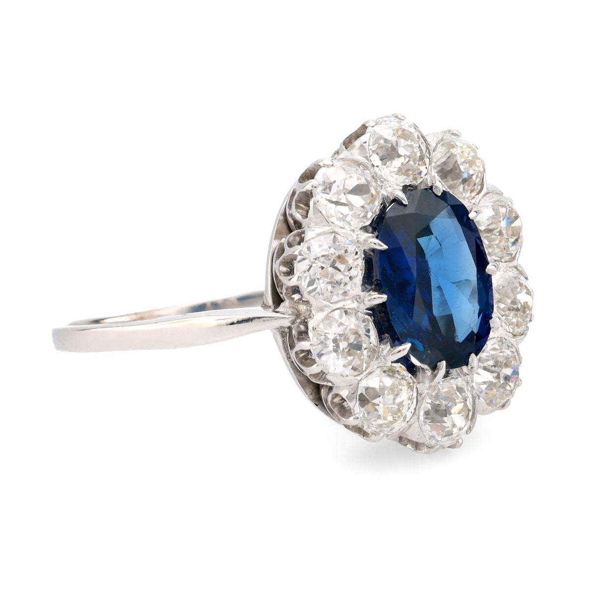 Edwardian GIA 1.67 carat Burma no heat sapphire diamond platinum cluster ring