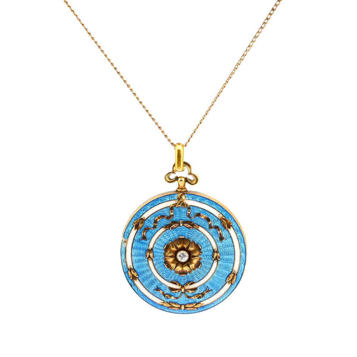 Antique diamond 14k yellow gold blue guillouche enamel locket necklace