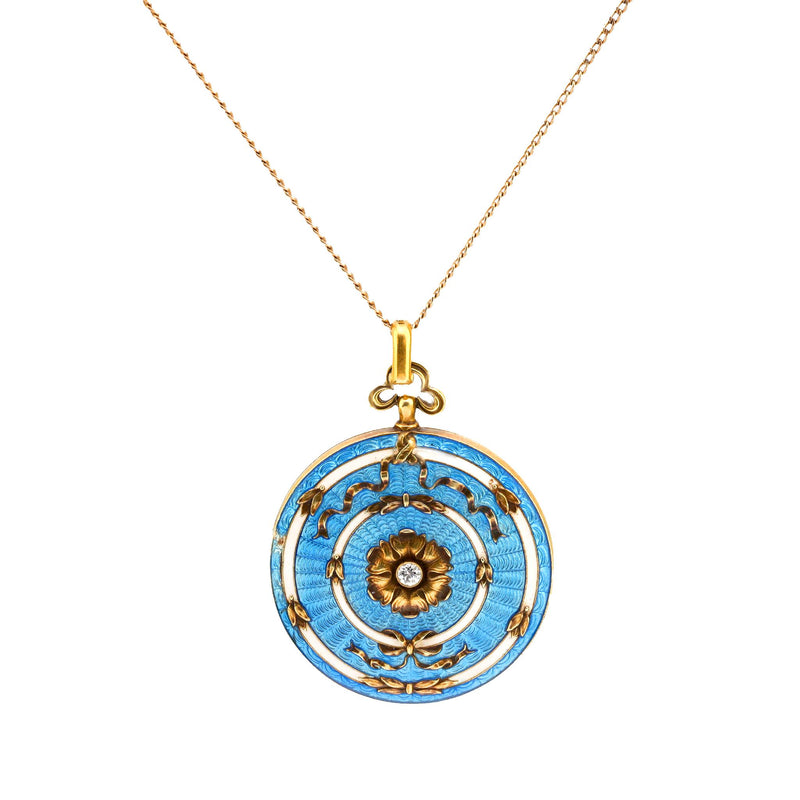 Antique diamond 14k yellow gold blue guillouche enamel locket necklace