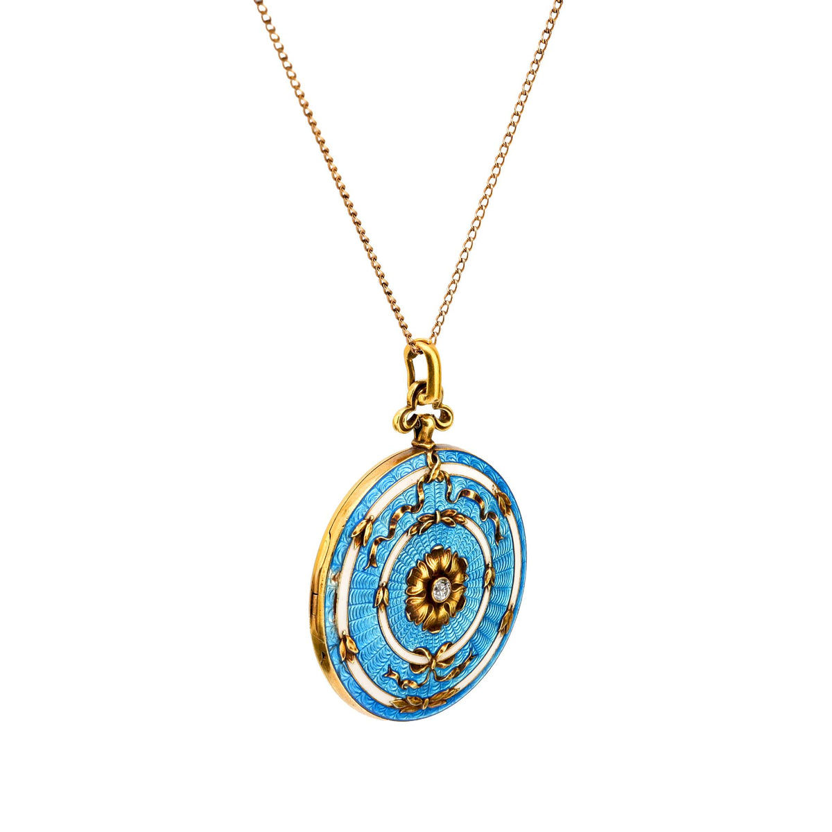 Antique diamond 14k yellow gold blue guillouche enamel locket necklace