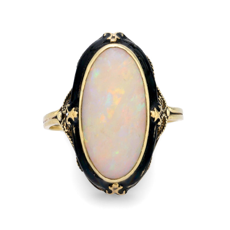 Antique 3.50 carat cabochon cut opal 14k yellow gold enamel ring