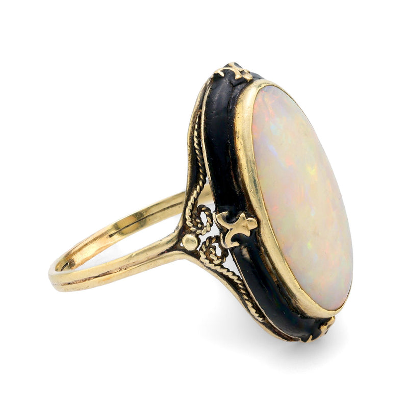 Antique 3.50 carat cabochon cut opal 14k yellow gold enamel ring