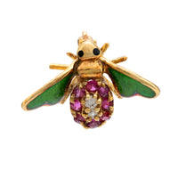 Mid Century ruby diamond 14 yellow gold enamel bee brooch