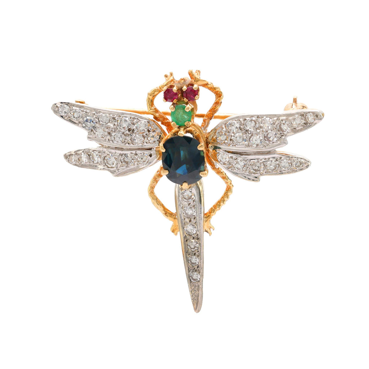 Mid Century sapphire diamond emerald ruby 18k gold dragonfly brooch