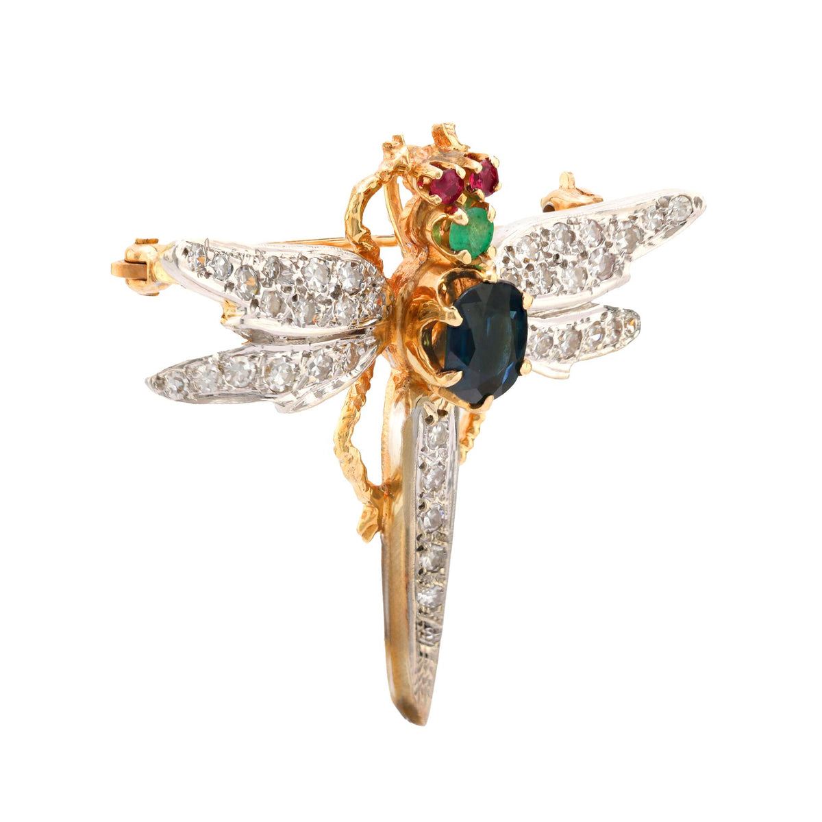 Mid Century sapphire diamond emerald ruby 18k gold dragonfly brooch