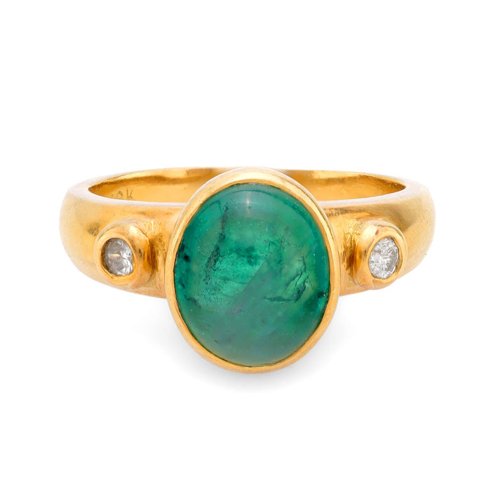 Vintage 3.20 carat cabochon emerald diamond 18k yellow gold ring