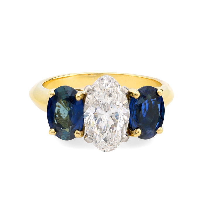 GIA 1.53 carat diamond sapphire 18k yellow gold three stone ring