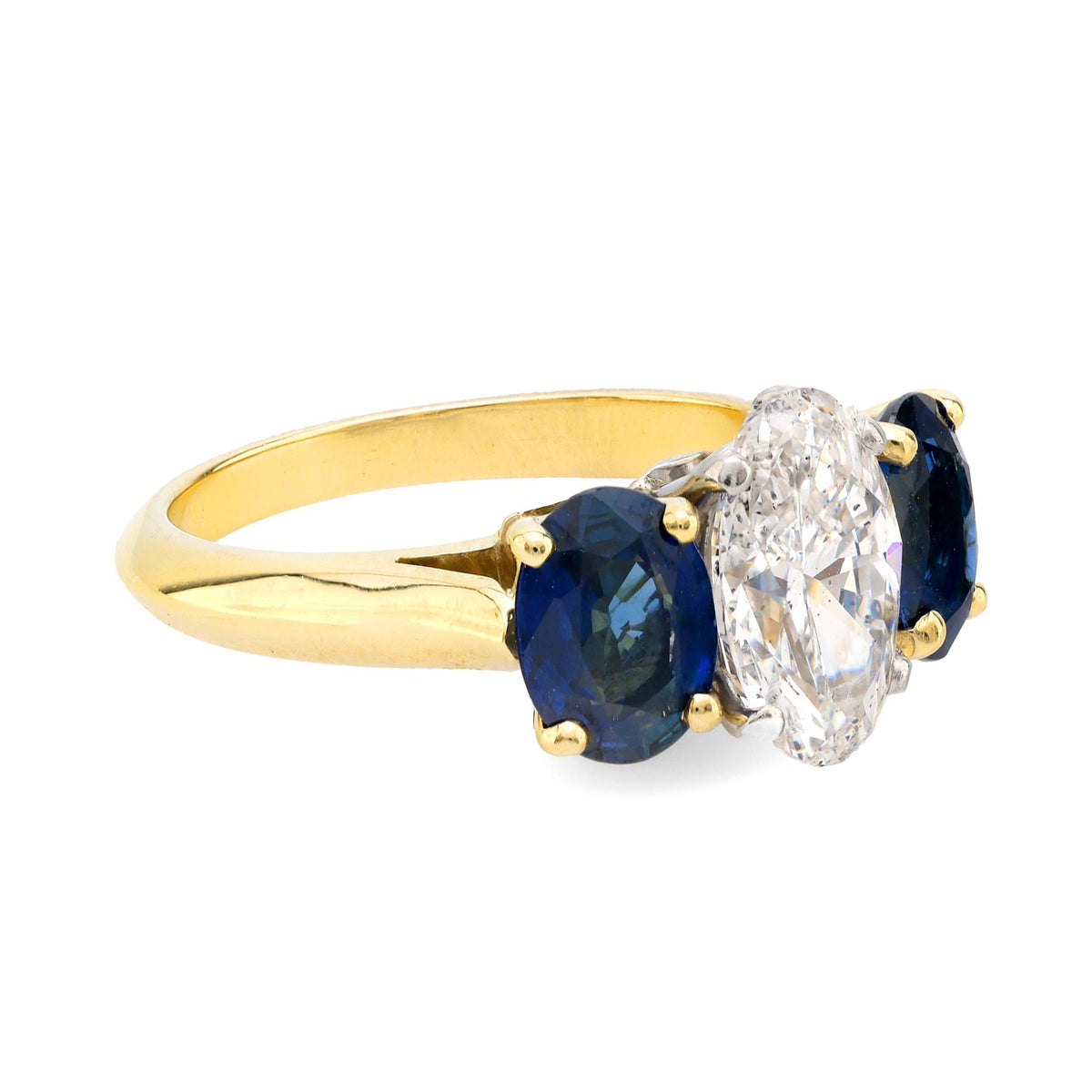 GIA 1.53 carat diamond sapphire 18k yellow gold three stone ring