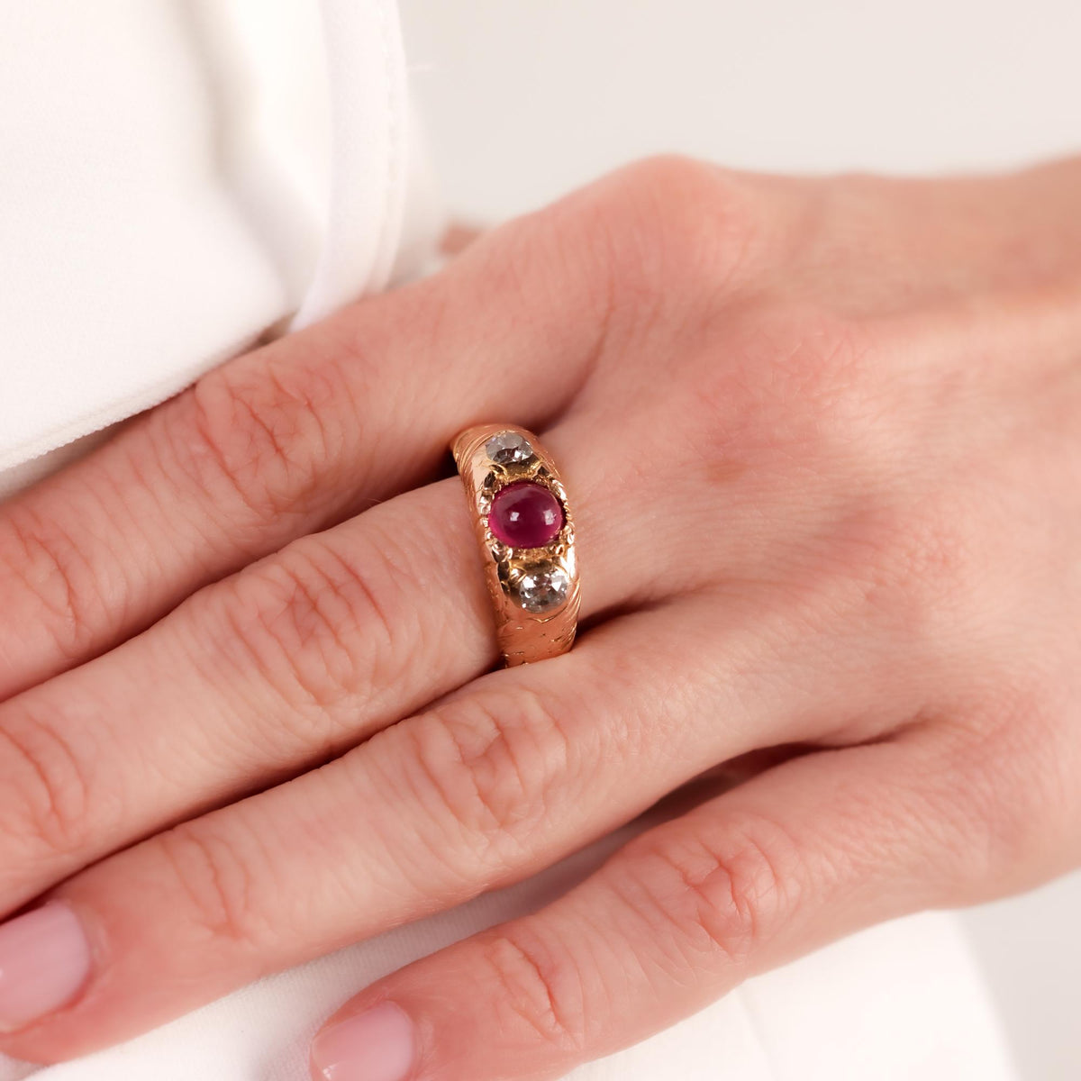 Victorian Burma no heat ruby diamond 18k rose gold three stone ring