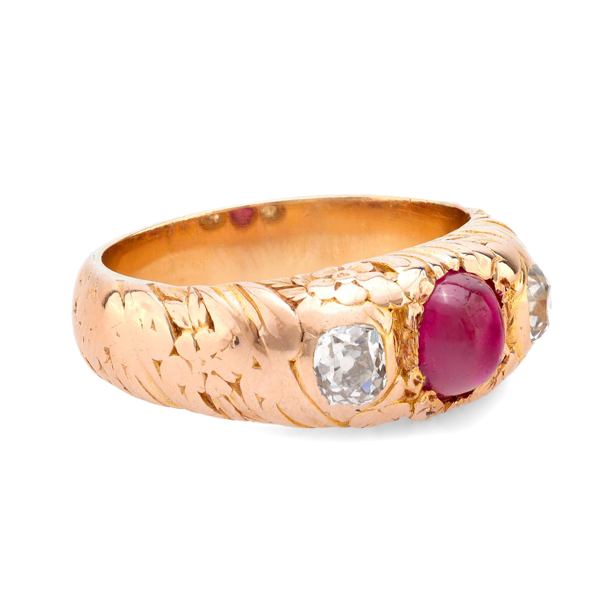 Victorian Burma no heat ruby diamond 18k rose gold three stone ring