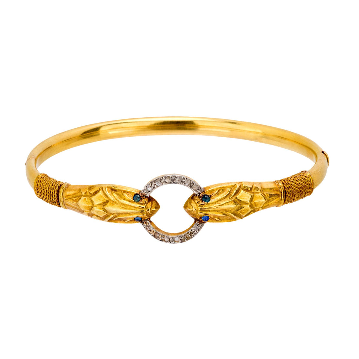 Victorian French diamond sapphire 18k yellow gold snake bangle