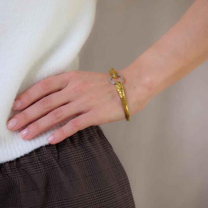 Victorian French diamond sapphire 18k yellow gold snake bangle