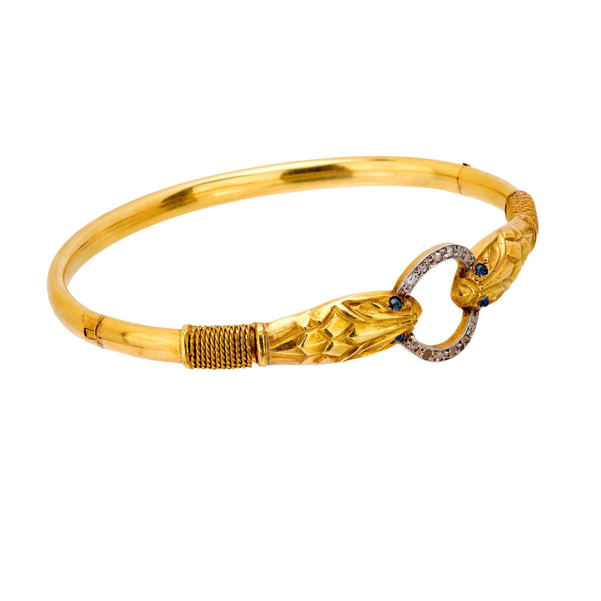 Victorian French diamond sapphire 18k yellow gold snake bangle