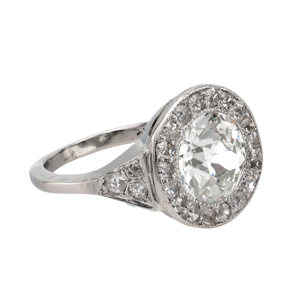 Art Deco GIA 2.48 carat old European cut diamond platinum halo ring