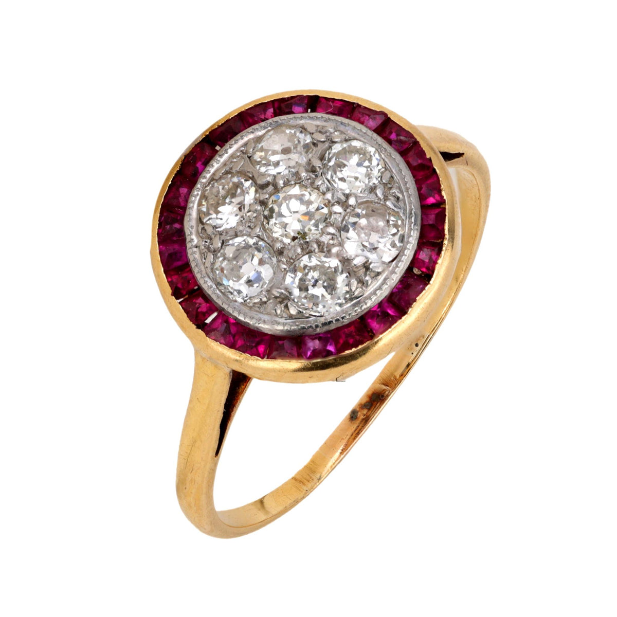 Victorian diamond ruby 18k yellow gold target ring